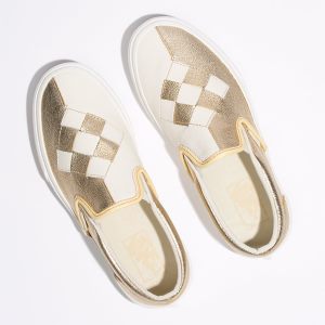 Vans Bayan Kaykay Ayakkabısı Woven Leather Slip-On Altın/Beyaz | 99756-310